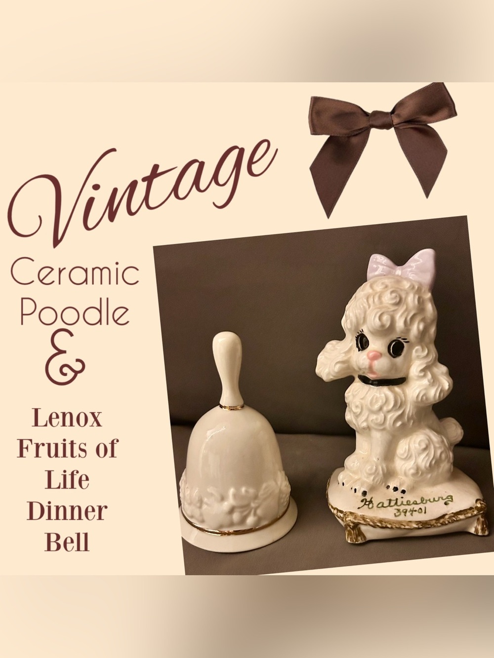Lenox Cream Dinner Bell and Gold Ceramic Poodle Figurine